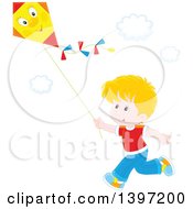 Poster, Art Print Of Happy Blond Caucasian Boy Running And Flying A Kite