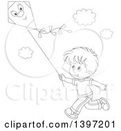 Poster, Art Print Of Happy Black And White Lineart Boy Running And Flying A Kite