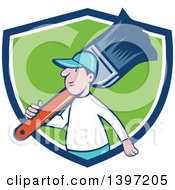 Clipart Of A Retro Cartoon White Male House Painter Carrying A Giant Brush On His Shoulder Emerging From A Blue White And Green Shield Royalty Free Vector Illustration by patrimonio