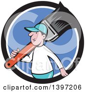 Clipart Of A Retro Cartoon White Male House Painter Carrying A Giant Brush On His Shoulder Emerging From A Black White And Blue Circle Royalty Free Vector Illustration