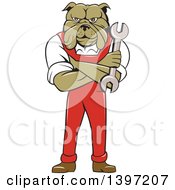 Clipart Of A Cartoon Bulldog Man Mechanic With Folded Arms Holding A Wrench Royalty Free Vector Illustration