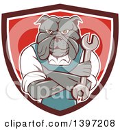 Poster, Art Print Of Cartoon Bulldog Man Mechanic With Folded Arms Holding A Wrench In A Shield