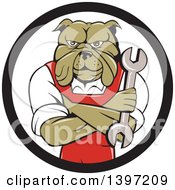 Poster, Art Print Of Cartoon Bulldog Man Mechanic With Folded Arms Holding A Wrench In A Black And White Circle