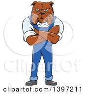 Poster, Art Print Of Cartoon Bulldog Man Standing With Folded Arms Wearing Overalls