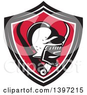 Clipart Of A Retro Knight Helmet And Caliper Set In A Black White And Red Shield Royalty Free Vector Illustration