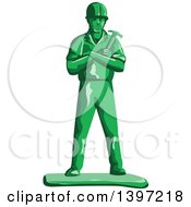 Clipart Of A Retro Green Toy Male Carpenter Or Builder With Folded Arms Holding A Hammer Royalty Free Vector Illustration