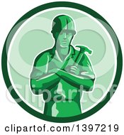 Clipart Of A Retro Green Toy Male Carpenter Or Builder With Folded Arms Holding A Hammer In A Circle Royalty Free Vector Illustration