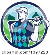 Poster, Art Print Of Retro Male Golfer Stretching With A Club Over His Shoulders In A Blue White And Green Circle