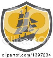 Poster, Art Print Of Retro Galleon Ship With Lightning In A Gray White And Yellow Shield