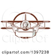 Retro World War One Male Pilot Aviator Looking Up Over A Wing Banner And Biplane