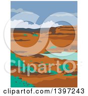 Clipart Of A WPA Styled Columbian Basin Desert Water Basin Landscape Royalty Free Vector Illustration