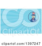 Poster, Art Print Of Cartoon Patriotic American Uncle Sam And Blue Rays Background Or Business Card Design