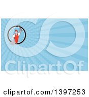 Clipart Of A Retro Cartoon White Male Mechanic Holding A Tool Box And Wrench And Blue Rays Background Or Business Card Design Royalty Free Illustration