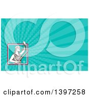 Poster, Art Print Of Retro Lady Justice Wearing A Crown Holding A Sword And Scales In A Square And Turquoise Rays Background Or Business Card Design