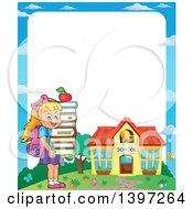 Poster, Art Print Of Border Of A Blond Caucasian School Girl Holding A Stack Of Books