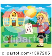 Clipart Of A Blond Caucasian School Girl Holding An A Plus Report Card Outside Of A Building Royalty Free Vector Illustration