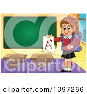 Poster, Art Print Of Brunette Caucasian School Girl Holding An A Plus Report Card In A Class Room