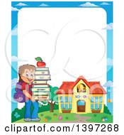 Poster, Art Print Of Border Of A Brunette Caucasian School Boy Holding A Stack Of Books