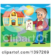 Poster, Art Print Of Brunette Caucasian School Boy Holding An A Plus Report Card On Campus