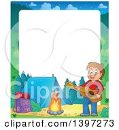 Poster, Art Print Of Border Of A Brunette Caucasian Boy Playing A Guitar By A Camp Fire