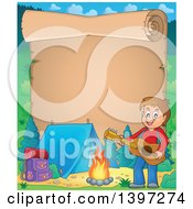 Clipart Of A Scroll Border Of A Brunette Caucasian Boy Playing A Guitar By A Camp Fire Royalty Free Vector Illustration by visekart