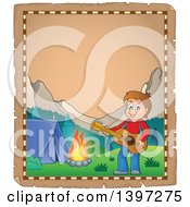 Poster, Art Print Of Parchment Page Of A Brunette Caucasian Boy Playing A Guitar By A Camp Fire