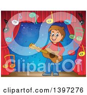 Poster, Art Print Of Brunette Caucasian Boy Playing A Guitar With Music Notes On A Stage