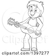 Clipart Of A Black And White Lineart Boy Playing A Guitar Royalty Free Vector Illustration by visekart