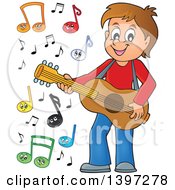 Poster, Art Print Of Brunette Caucasian Boy Playing A Guitar With Happy Music Notes