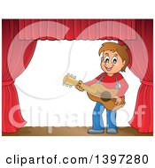 Poster, Art Print Of Brunette Caucasian Boy Playing A Guitar On A Stage