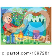 Poster, Art Print Of Brunette Caucasian Boy Playing A Guitar By A Camp Fire