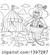 Black And White Lineart Happy Clown Presenting A Big Top Circus Tent
