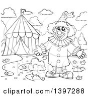 Black And White Lineart Happy Clown Welcoming By A Big Top Circus Tent