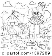Black And White Lineart Happy Clown Holding A Flower By A Big Top Circus Tent