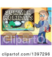 Poster, Art Print Of Happy Brunette Caucasian Male Teacher Pointing To A Summer Holidays Black Board