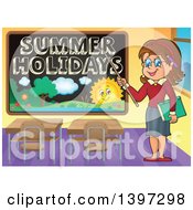 Poster, Art Print Of Happy Brunette Caucasian Female Teacher Pointing To A Summer Holidays Black Board