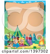 Clipart Of A Scroll Border Of A Dog Boy And Girl Resting In Their Tent By A Camp Fire Royalty Free Vector Illustration by visekart