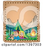 Poster, Art Print Of Parchment Border Of A Dog Boy And Girl Resting In Their Tent By A Camp Fire