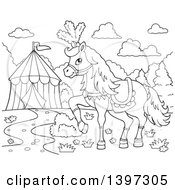 Black And White Lineart Fancy Circus Horse Prancing By A Big Top Tent
