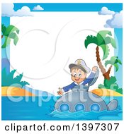 Border Of A Happy Brunette Caucasian Sailor Boy Looking Out Of A Submarine Hatch Near A Tropical Island