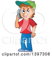 Poster, Art Print Of Happy Brunette Caucasian Boy Talking On A Cell Phone