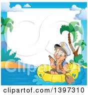 Border Of A Happy Brunette Caucasian Sailor Boy In A Raft Or Emergency Boat