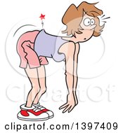 Cartoon Caucasian Woman In Exercise Clothes Bending Over With An Aching Back