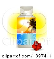 Poster, Art Print Of 3d Plastic Water Bottle With A Tropical Palm Tree Sunset Label And A Hibiscus Flower Over Sunshine On White