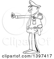 Poster, Art Print Of Cartoon Black And White Lineart Male Police Officer Blowing A Whistle And Directing Traffic