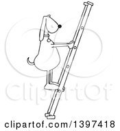 Poster, Art Print Of Cartoon Black And White Lineart Dog Climbing A Ladder