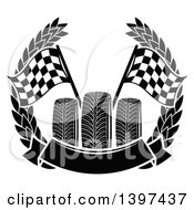 Clipart Of Tires With Checkered Race Flags In A Wreath With A Blank Banner Royalty Free Vector Illustration