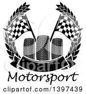 Poster, Art Print Of Tires With Checkered Race Flags In A Wreath With A Blank Banner Over Text