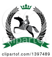 Poster, Art Print Of Black Silhouetted Rider On A Rearing Horse Inside A Wreath With A Crown And Banner