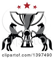 Poster, Art Print Of Black And White Silhouetted Rearing Horses Over A Giant Trophy With Red Stars